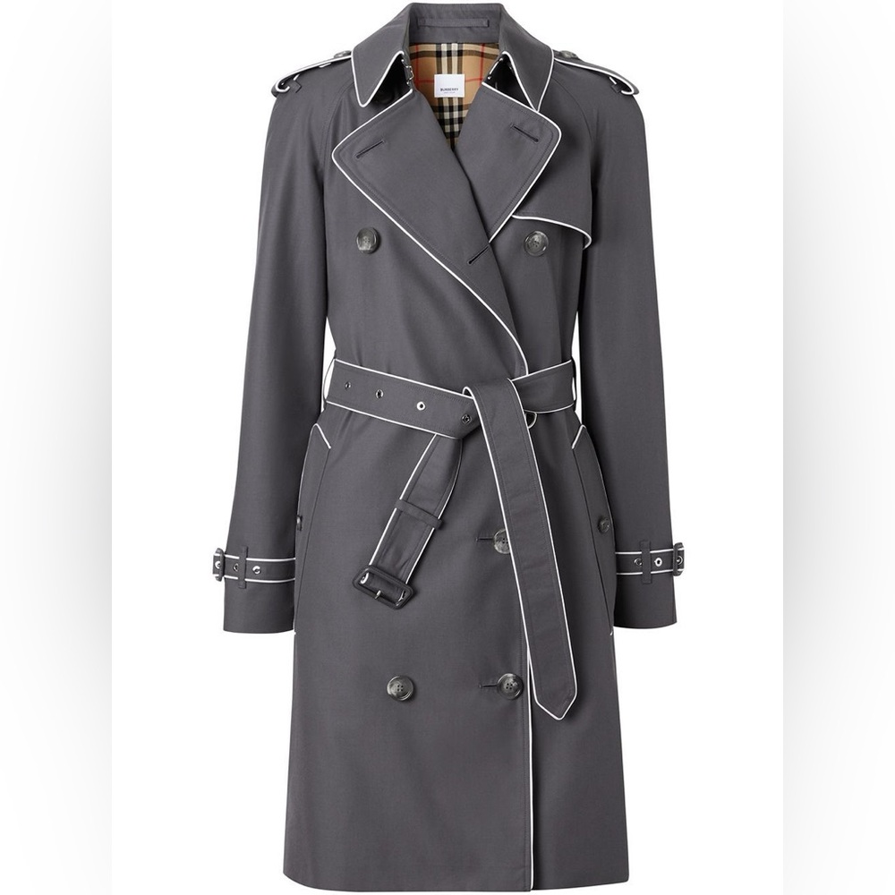 NWT BURBERRY CONTRAST PIPED TRIM TRENCH COAT IN GREY